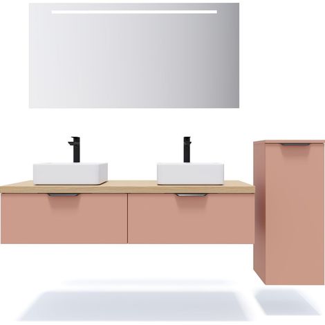 Meuble de salle de bain suspendu 2 vasques à poser 140cm 2 tiroirs Abricot + miroir + colonne ouverture droite - Soho (1/5)