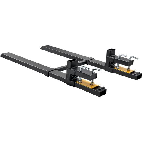 Fourches à palettes robustes, capacité 907 kg, longueur 109 cm, fixation par serrage avec barre stabilisatrice réglable, adaptées à tracteur, chargeuse et mini-pelle. (1/5)