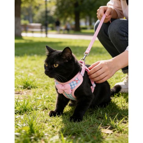 Harnais et Laisse Réglable pour Chat et Petit Chien, Ensemble de Promenade Confortable avec Nœud Papillon, Respirant et Sécurisé (1/5)