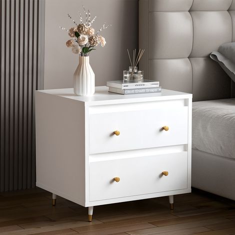 Table de Chevet, Table de Chevet avec 2 Tiroirs Scandinaves, Table de chevet moderne avec quincaillerie dorée, Dimensions 45 x 40 x 52 cm, Blanc (1/5)
