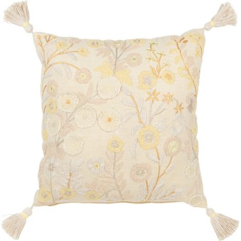 Coussin Déco à Pompons "Champêtre" 45x45cm Jaune Clair (1/3)