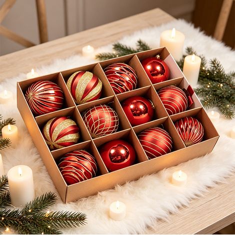 Set mit 12 Weihnachtskugeln (8 cm) – rot-goldene Hängeornamente aus Kunststoff – festliche Weihnachtsbaumdekoration für Zuhause und Partys (1/5)