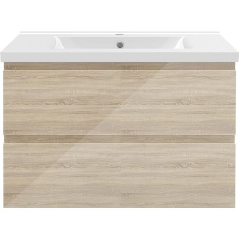 Aica Ensemble de meubles de salle de bain 80 cm avec vasque, 2 tiroirs à fermeture amortie - meuble suspendu , Brillance, Chêne