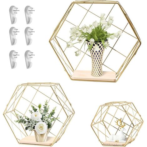 Lot de 3 étagères murales hexagonales – Étagères flottantes en 3 tailles – Étagère suspendue décorative géométrique (fil métallique et placage bois) – Doré