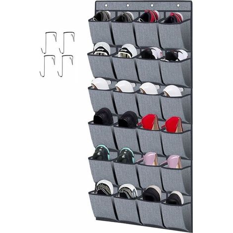 Over-the-door hanging shoe bag with 24 compartments, foldable, with hooks, grey linen (1/5)