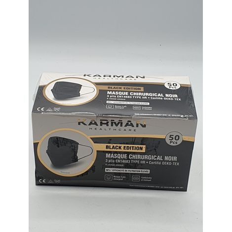 Lot de 50 - KARMAN HEALTHCARE - Masques chirurgicaux noirs - Type IIR BFE 98% - Haute filtration certifiée OEKO-TEX - Voir photos (1/4)