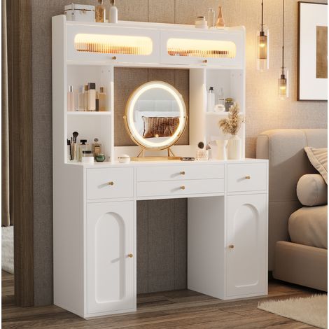 Tocador blanco con iluminación LED, espejo redondo, 4 cajones, 2 puertas de cristal, 4 estantes abiertos, 120x40x160 cm (1/5)