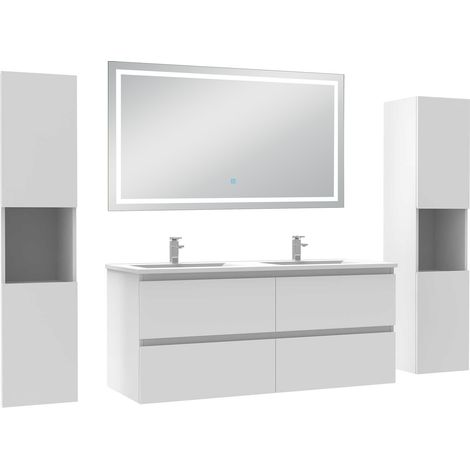 Aica Ensemble meubles Salle de Bain 120cm avec Colonne + Miroir Lumineux 3 Couleurs et Dimmable Blanc