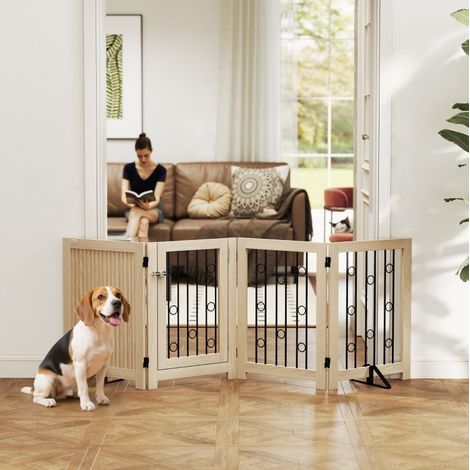 Barrière pour chien autoportante 4 panneaux avec porte, hauteur 70 cm, MDF et acier, chêne DESVIAE (1/5)