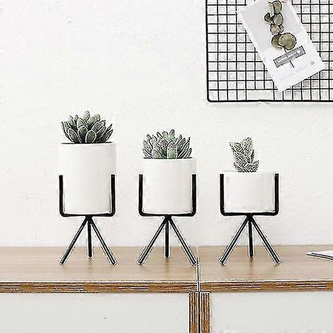 Ensemble de 3 pots en céramique pour plantes grasses avec étagère en fer (1/4)