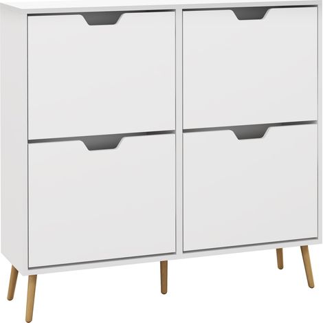 Schuhschrank mit 4 Türen, Platz für 16 Paar Schuhe, verstellbarer Einlegeboden, Kiefernholzbeine, Maße 95 x 26 x 95 cm, weiß