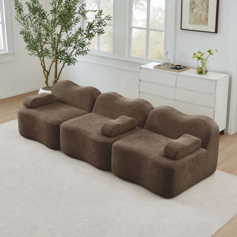 Canapé droit 3 places modulaire – Mousse haute densité 32D, design vague, marron – Chaleur naturelle et modularité (1/5)
