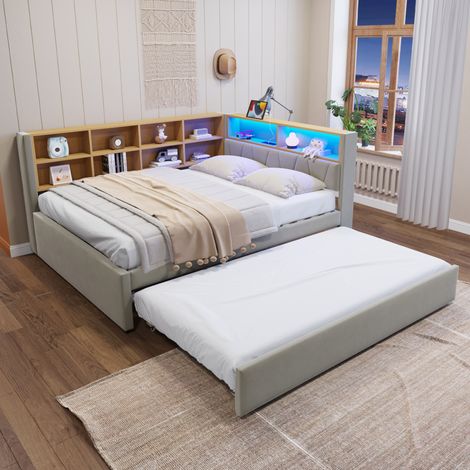 Sofá cama 140x200 cm LED integradas Puertos de carga Multifunción Franela color gris claro (Sin colchón) (1/5)