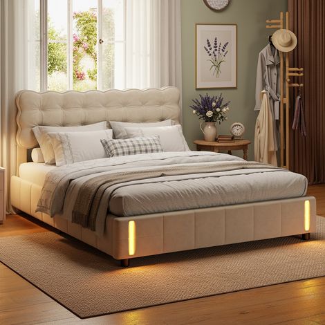 Letto contenitore 160x200, illuminazione LED con sensore di movimento, letto matrimoniale con testiera imbottita di design a nuvola, velluto, stile moderno(160x200cm, Beige) (1/5)