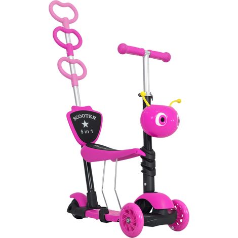 Patinete infantil 5 en 1, patinete de 3 ruedas, manillar ajustable en altura, carga máxima 60 kg, manillar telescópico, asiento y respaldo extraíbles, color rosa. (1/5)