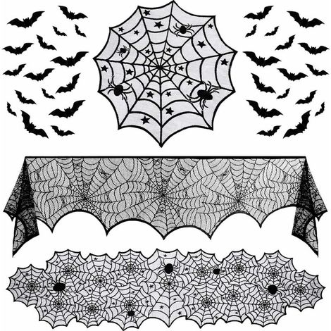 Set of 35 Halloween decorations, lace table runner, spider web round lace table cover (1/5)