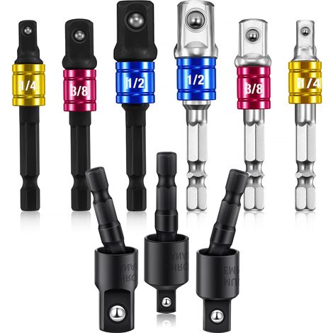 Juego de 9 extensiones y adaptadores para brocas 6 adaptadores de cabeza hexagonal + 3 adaptadores giratorios de 360° Para perforación profesional y doméstica Acceso a espacios reducidos (1/5)