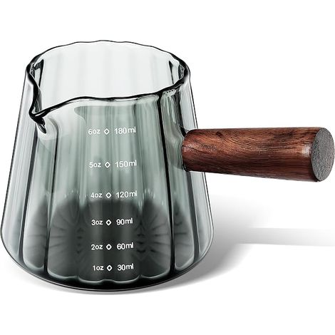 Verre Doseur avec Manche en Bois, Transparents Tasse Avec Ouverture en Forme de V, Verre Mesureur Cuisine à Cocktail, Verres à Expresso, pour Machine à café, Alcool,Café au Lait, Gris (1/5)