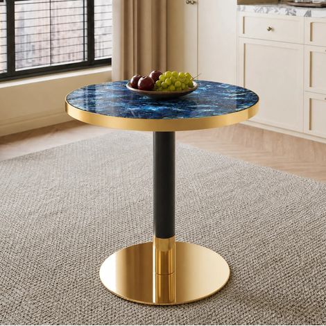 Tavolino rotondo 60 cm effetto marmo blu, struttura in metallo nero e oro DESVIAE (1/5)