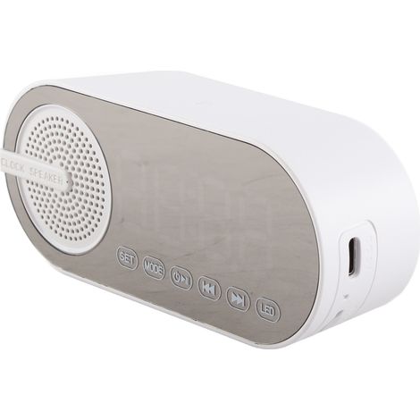 Enceinte Bluetooth double réveil, Bluetooth 5.0, horloge miroir, rechargeable et portable, idéale pour le camping et les soirées dansantes (blanche). (1/5)