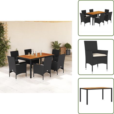 7-tlg. Garten-Essgruppe mit Kissen Schwarz Poly Rattan Akazie - Gartenmöbel Set - Outdoor Möbel - Esstisch - Gartenstühle - Rattan Gartenmöbel (1/5)