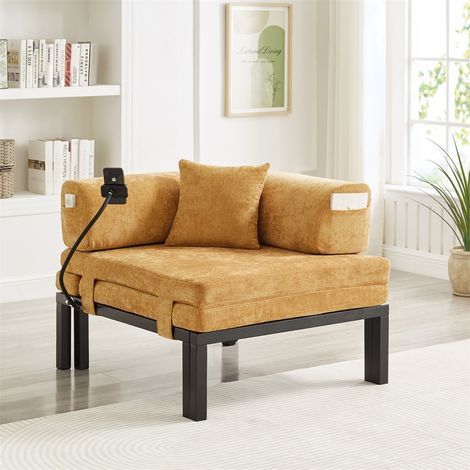 Fauteuil convertible 1 place en bois massif - 176 x 81 x 64 cm - Canapé lit en velours, avec coussin et dossier moelleux - jaune (1/5)