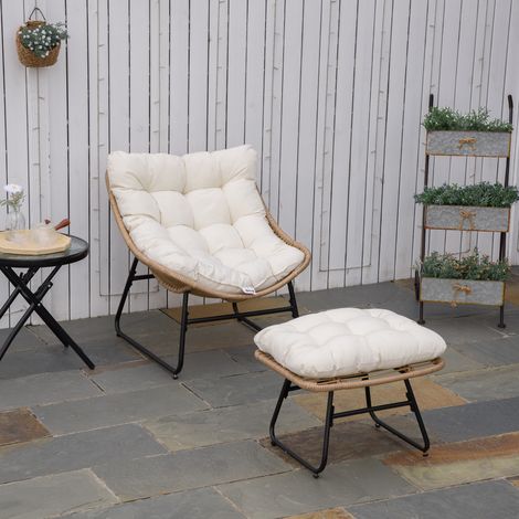 Outsunny Gartenstuhl mit Fußstütze aus epoxidbeschichtetem Metall und Kunstharz in Rattanoptik mit weichen Kissen – Natur