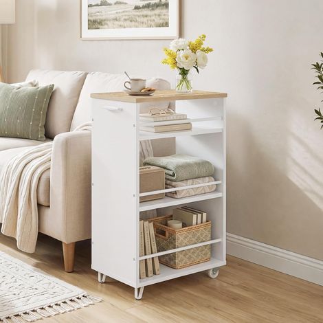 WOLTU Carrito de cocina con ruedas, isla de cocina de 4 niveles, mueble multiusos compacto – Roble claro + blanco (1/5)