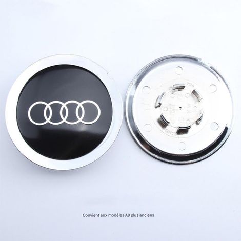 Cache-moyeu de roue compatible Audi A6 C5, A4 B7, TT, A8 – Centre de jante, capuchon de moyeu pour jante voiture, accessoire roue auto en aluminium + ABS, kit 4 pièces – Noir bord argenté avec encoche (1/2)