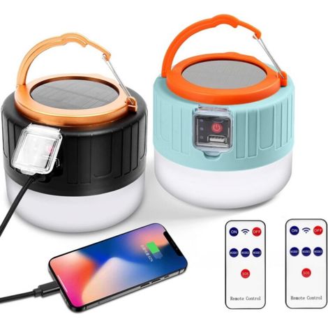Set of 2 solar/USB LED camping lanterns, 3 modes, remote control, waterproof, perfect for hiking, fishing, hunting (1/5)