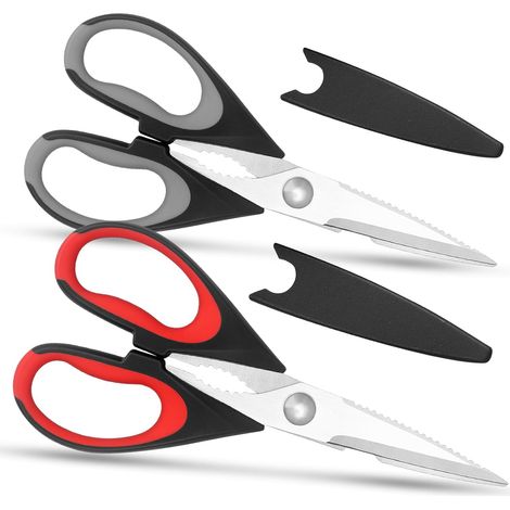 Set mit 2 Küchenscheren aus Edelstahl mit Schutzkappe – Softgriff – Vielseitig einsetzbar – Robust – Rot/Grau
