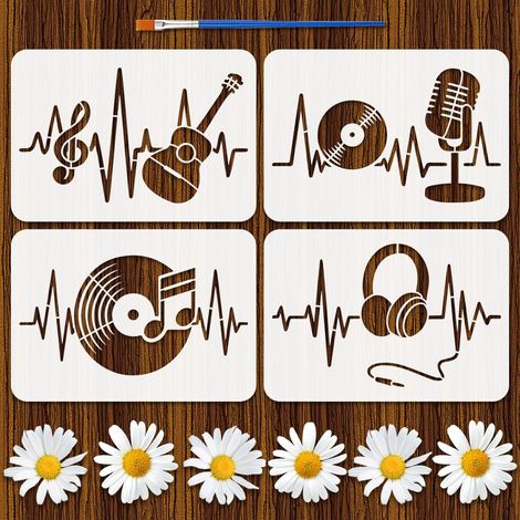 4Pcs Pochoirs Musicaux Avec Un Pinceau 29.7x21cm Pochoirs Cœur Battant Musical Modèles de Dessin Motif Guitare Casque Audio pour Peinture sur Tissu Décor sur Bois DIY Artisanat Maison (1/5)