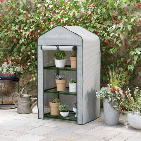 Gartenregal für Gewächshaus, 3 Ebenen, Maße 59 x 39 x 127 cm (L x B x H), pulverbeschichtetes Metall, grün, hochdichtes PE 140 g/m², weiß