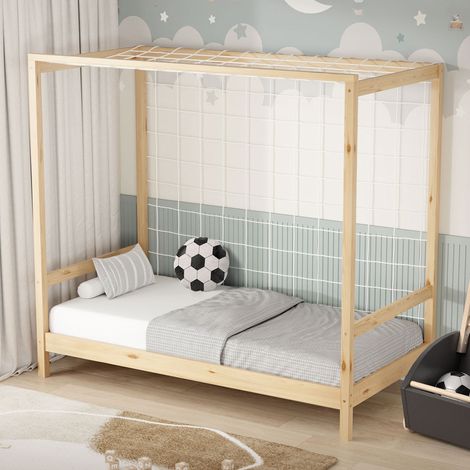 ML-Design Cama Infantil 80 x 160 cm con Portería de Fútbol Balonmano de Madera de Pino Natural, Cuna Individual para Niño con Somier de Láminas y Red, Litera Maciza Juvenil Puerta de Juego y Deporte (1/5)