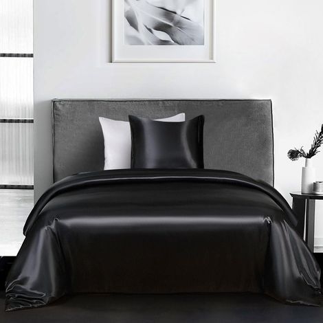 1 Parure De Lit Housse De Couette 140x200, Taie D'oreiller 65x65, Satin Polyester, Noir, Adulte (1/5)