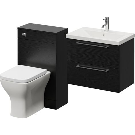 Napoli 390 Nero Oak 1100mm Wall Mounted 2 Drawer Vanity Unit and Toilet Suite with Glide Basin - 1100mm - Chrome 320mm HandleWith Kingston Toilet Pan and Seat