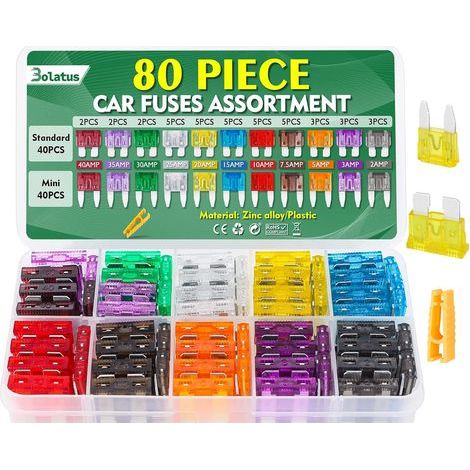 80-teiliges Set mit Standard- und Mini-Kfz-Sicherungen (2A, 3A, 5A, 7,5A, 10A, 15A, 20A, 25A, 30A, 35A, 40A) inklusive Sicherungsauszieher, Flachsicherungen für Pkw, Motorrad, Lkw und Wohnmobil (1/5)