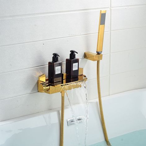 Set di rubinetteria da parete per vasca da bagno in rame e oro, miscelatore a cascata, soffione doccia per acqua calda e fredda, 1 pezzo (1/5)