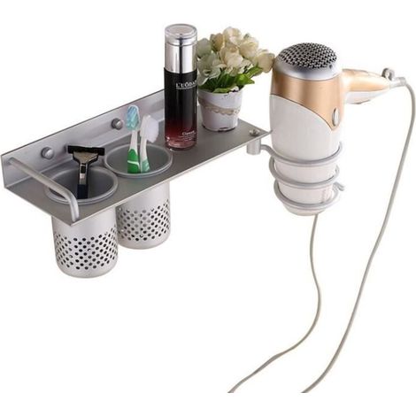 Mega-Deal Aluminium Support Mural de Sèche-Cheveux Antirouille Étagère avec 2 Tasses Titulaires pour Brosse à Dents-Ywey (1/2)