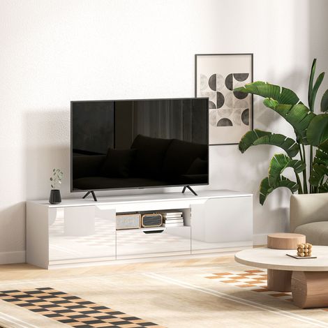 Meuble TV 160x38x43 cm en bois blanc, avec rangement pour salon moderne FloraGrace (1/5)