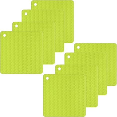 Lot de 8 dessous de plat carrés en silicone pour plats chauds, 18 x 18 cm, tapis résistants à la chaleur pour comptoir de cuisine, vert