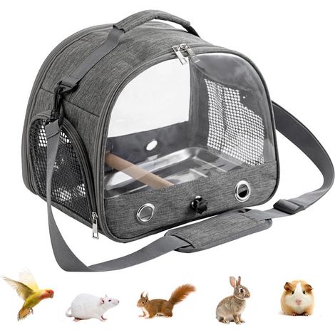 Graue Vogeltransporttasche mit Ständer, Sitzstange und Edelstahlwanne, transparenter und atmungsaktiver Reisekäfig für kleine Vögel, Papageien, Wellensittiche, Nymphensittiche (1/5)
