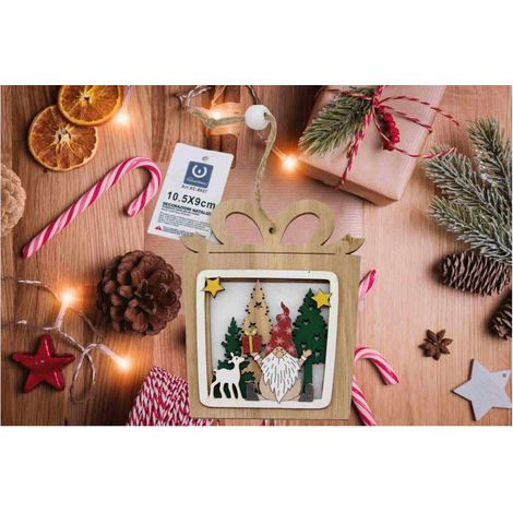 Addobbo Pendente Natalizio a forma quadrata in legno da appendere con Renna e Babbo Natale