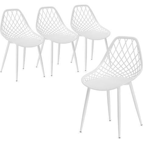 Set 4 Sedie da Pranzo Moderne con Schienale Traforato in Plastica e Gambe in Metallo, Bianco