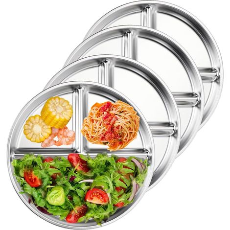 Edelstahlteller, 4-teiliges Set mit Fächern, 23 cm Durchmesser, rutschfest, für Erwachsene, Camping, Abendessen