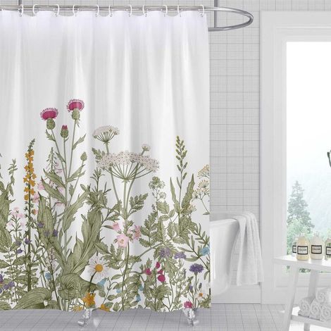 Rock Cloud Floral Shower Curtain 120x180cm, Watercolor Flowers Fabric Bathroom Curtain Set with Hooks Decorative Botanical Leaves Pattern Machine Washable