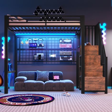 Lit mezzanine 90x200cm - avec Armoire, Escalier de Rangement, Grille Suspendue et LED 7 Couleurs - Cadre en Métal Noir (1/5)