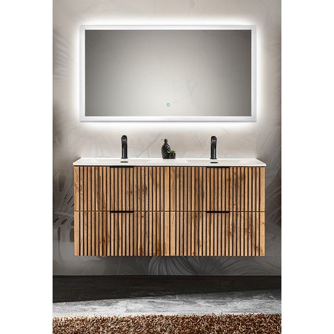 Waschplatz Set mit Doppelwaschtisch 121 cm, LED Spiegel mit Touch Bedienung XANTEN-56 in anthrazit mit Eiche Nb. Rillen schwarz, B/H/T: ca. 121/200/46 cm (1/5)