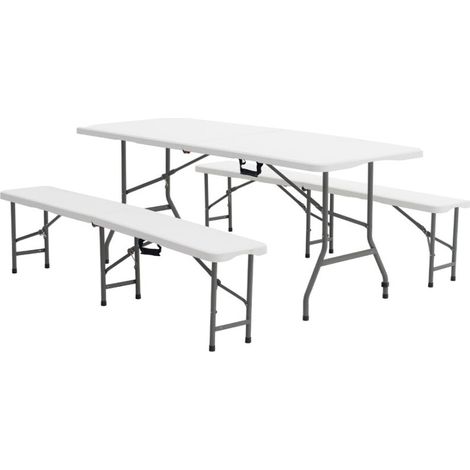 Conjunto Mesa + 2 Bancos Plegables y Portátiles Gardiun New Koln 180x74x74 cm en Resina de Color Blanco (1/10)