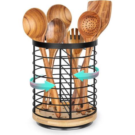 Porte-ustensiles de cuisine, rotatif, en acier inoxydable + base en bois, respirant et facile à sécher, grand porte-ustensiles pour la cuisine, noir (1/5)